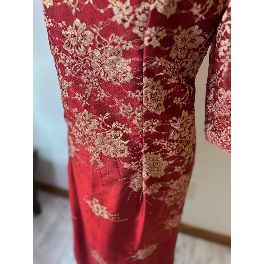 Red Gold Floral Lace Cheongsam Dress Mandarin Collar Style Evening SZ 6/8 - Picture 12 of 15